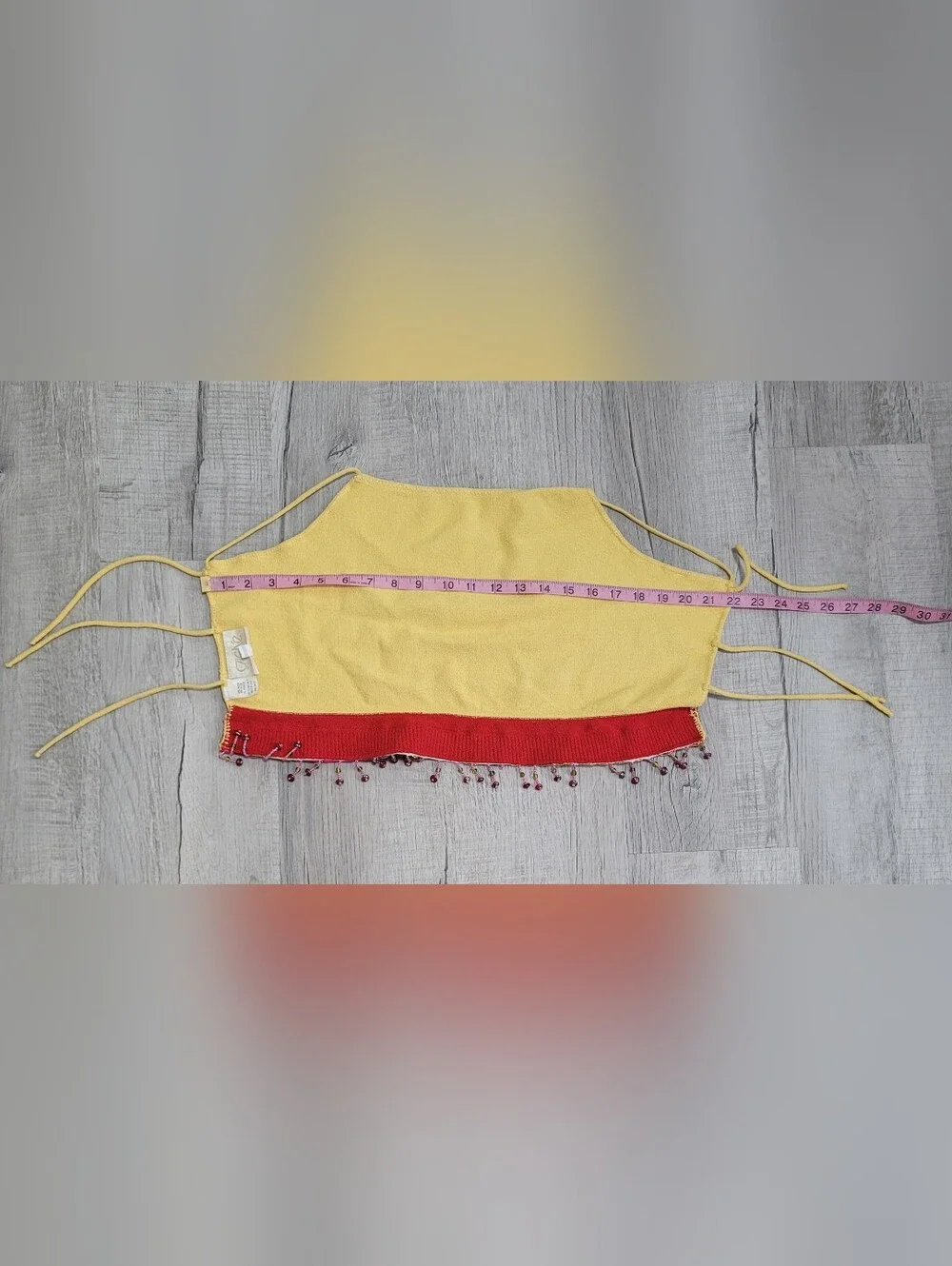 Vintage 90s Y2K Cache Yellow Beaded Fringe Open Back Cami Crop Top Large - Picture 10 of 13